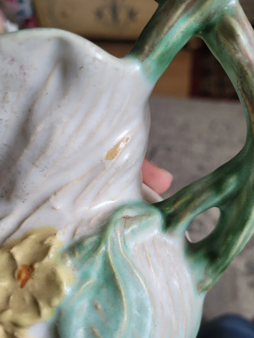 Majolica-Style Vintage Weller Ceramic Pitcher in Cream and Green